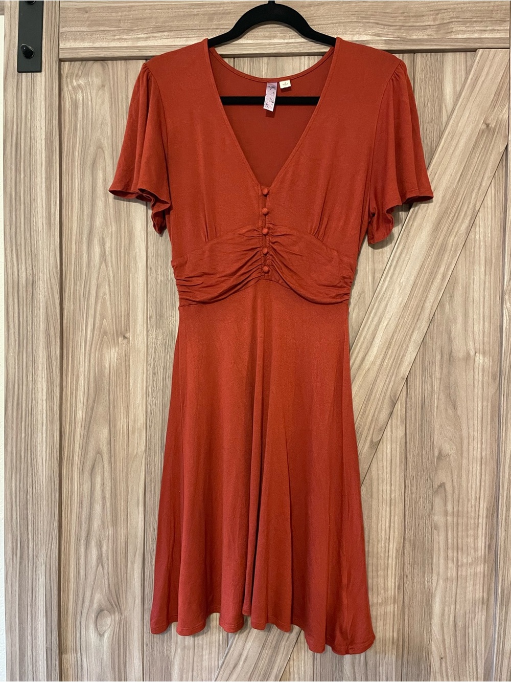 Alyx Rust V-Neck Short Sleeve Gathered Button Dress